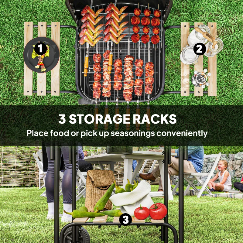 Outsunny Charcoal BBQ Grill, BBQ Grill with 1840 cm² Cooking Area, 3 Shelves, Adjustable Vent, Lockable Lid, Wheels, Black
