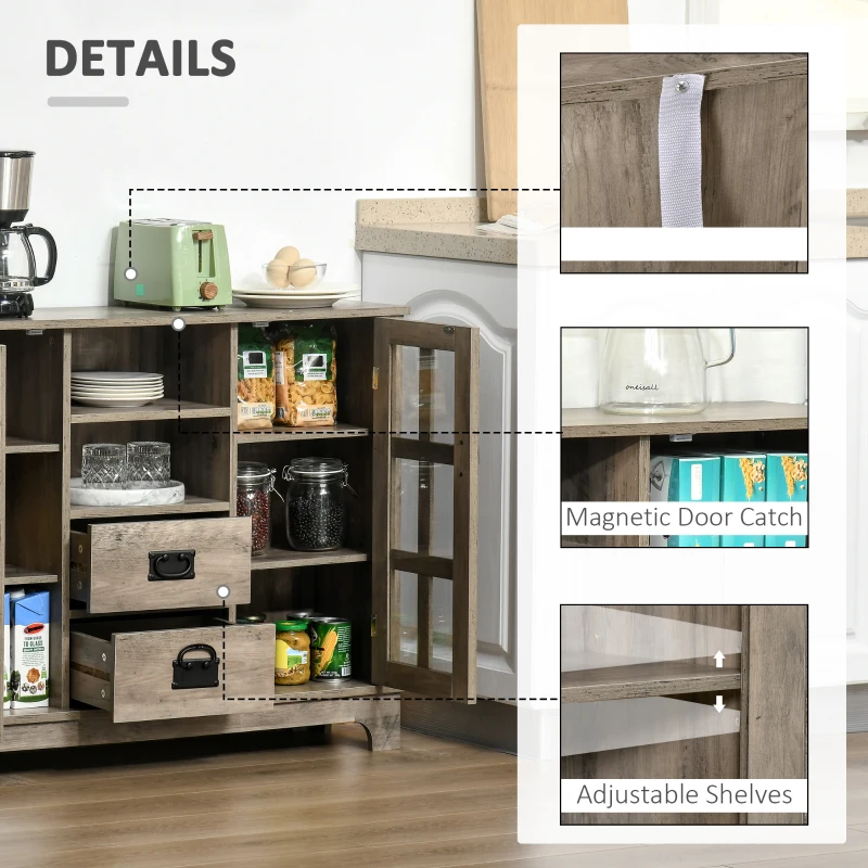 HOMCOM Sideboard Buffet Cabinet with Glass Door, Coffee Bar Cabinet with Storage Drawers & Adjustable Shelves for Kitchen, Living Room, Gray