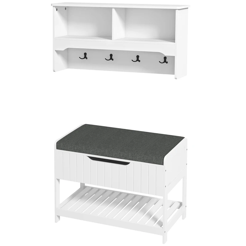 HOMCOM Wall Mounted Coat Rack with Shoe Storage Bench, Hall Tree and Bench, Clothes Hanger Rack with Shelves for Hallway White