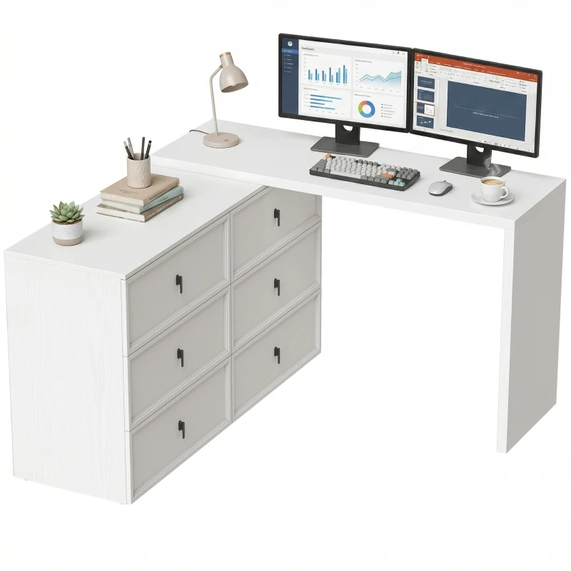 HOMCOM L Shaped Computer Desk Home Office Desk with 6 Drawers White Wood Grain
