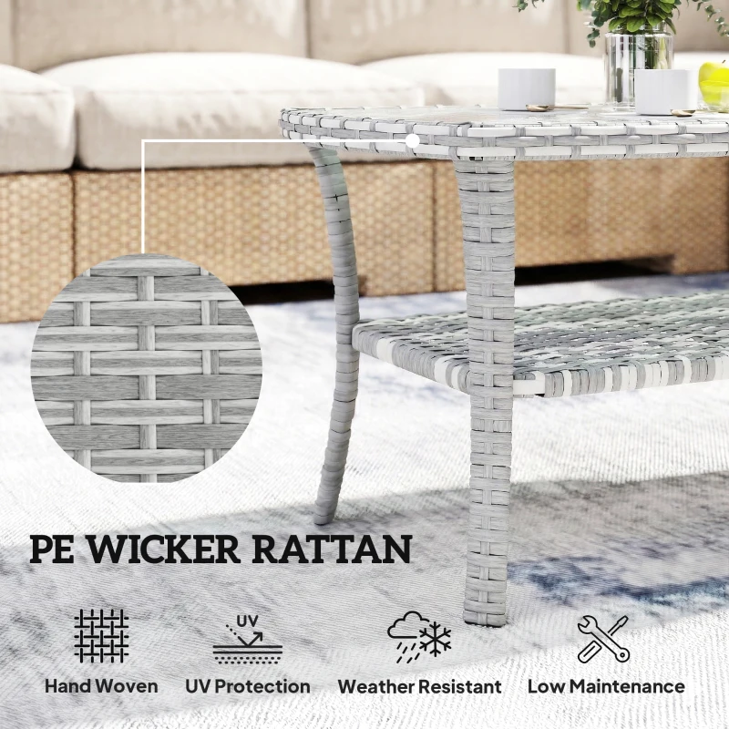 Outsunny Outdoor Coffee Table with Storage Shelf, PE Wicker Patio Table with Glass Top for Garden, Backyard, Dark Grey