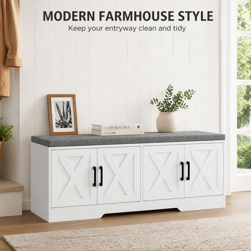 HOMCOM Shoe Bench with Cushion Shoe Storage Bench with Doors Adjustable Shelves for Entryway, White