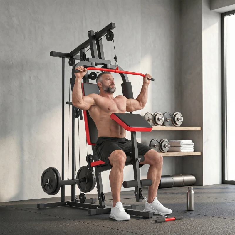Soozier Home Gym Equipment, Multifunctional Weight Machine with Pulley System for Full Body Strength Training, Black