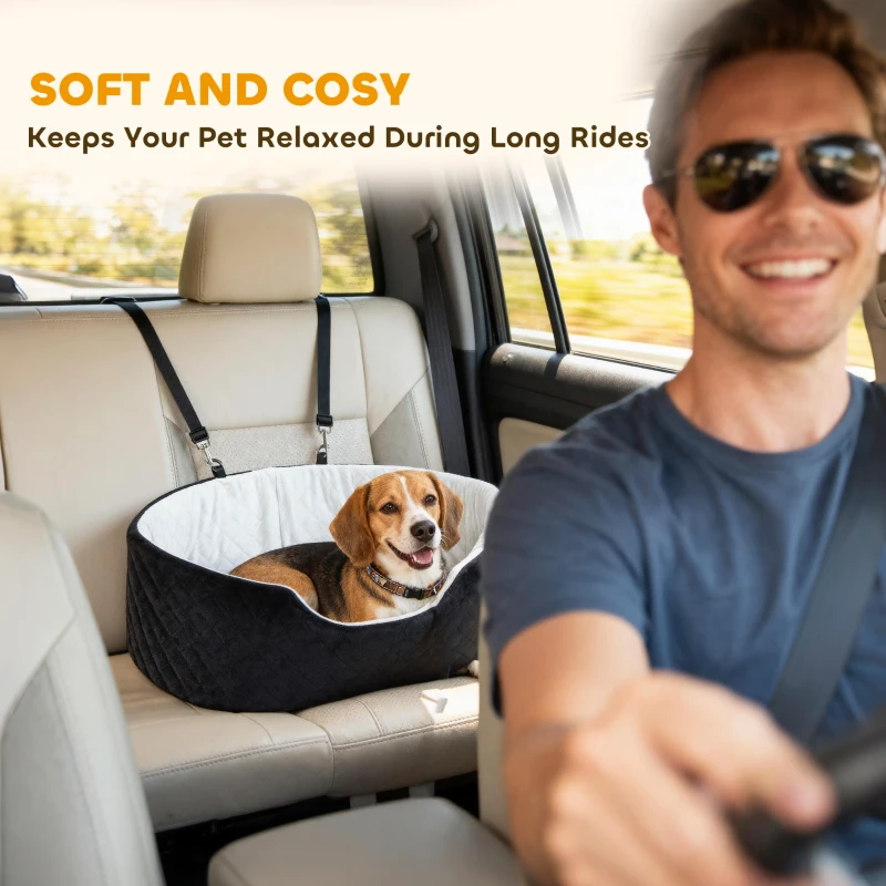 PawHut Dog Car Seat for Small Medium Pets, Detachable Washable Pet Bed with Cushion and Safety Belt for Dog Under 33lbs, Black