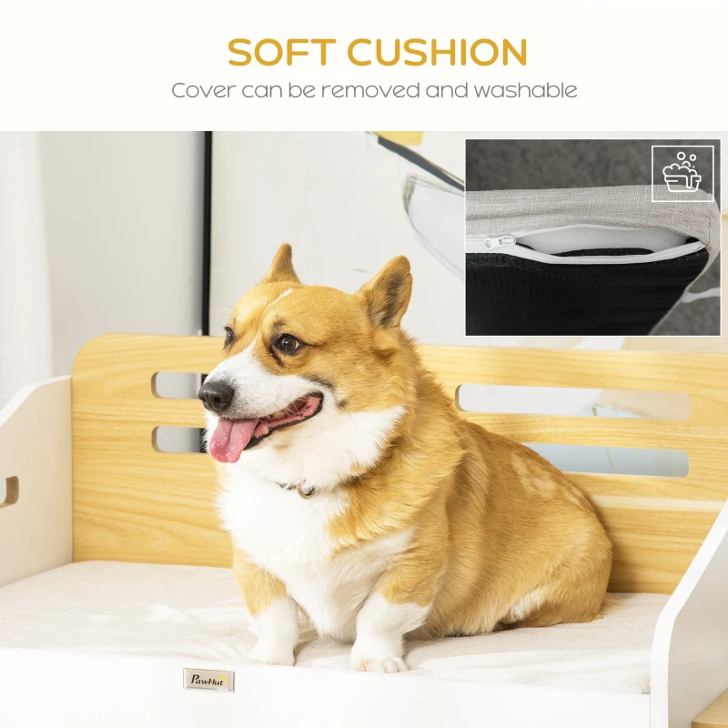 PawHut Elevated Dog Bed with Dog Bowls, Raised Furniture Style Pet Sofa for Cat with Soft Cushion, Washable Cover, for Small and Medium Sized Dog