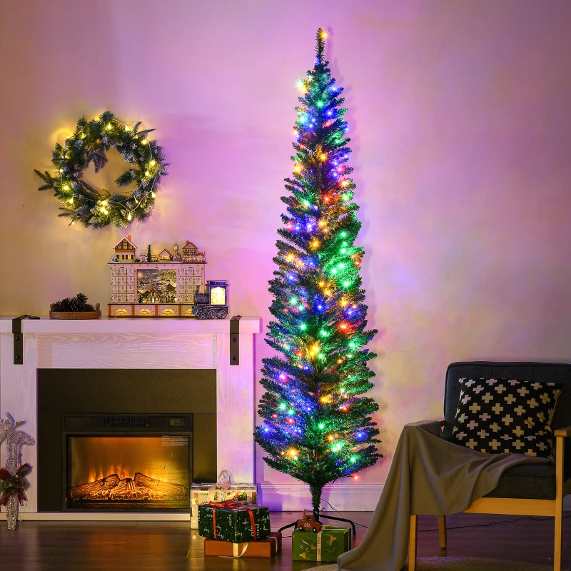 HOMCOM 7' Artificial Pencil Christmas Trees Holiday Decoration with Colorful LED Lights, Steel Base, Skinny Shape