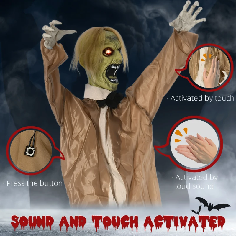 Outsunny 72" Life Size Outdoor Halloween Decorations Zombie, Animated Prop Animatronic Decor with Sound and Motion Activated, Light Up Eyes, Howling Sound