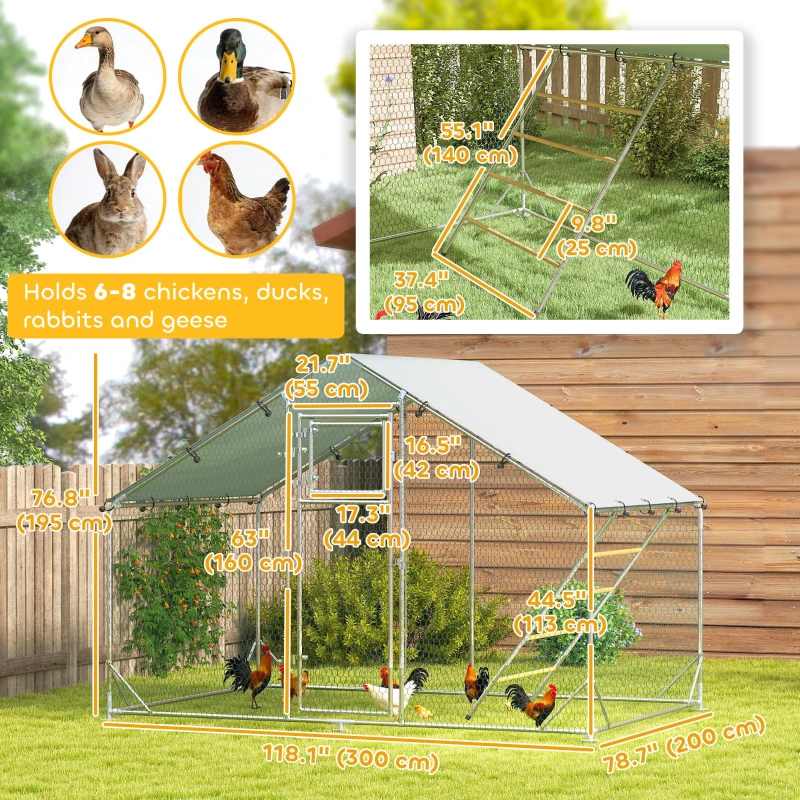 PawHut Large Metal Chicken Run with Waterproof & UV-Resistant Cover, Feeding Door, Hanging Feeder, Perch for 6-8 Chickens