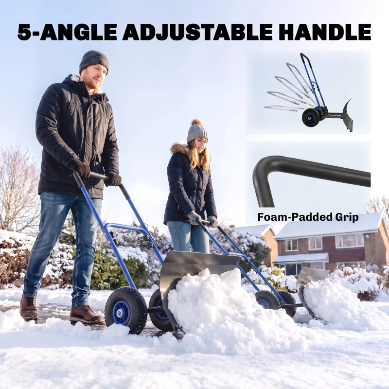 Outsunny Snow Shovel with Wheels, 29" x 16.5" Metal Snow Pusher with Adjustable Handle, 5-Angle Blade for Driveway, Blue