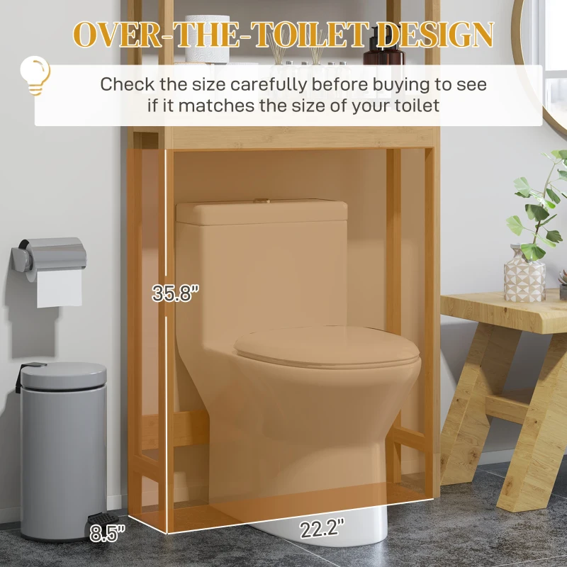 HOMCOM Over the Toilet Cabinet, Bamboo Bathroom Above Toilet Storage with Slatted Doors and Adjustable Shelf, Natural