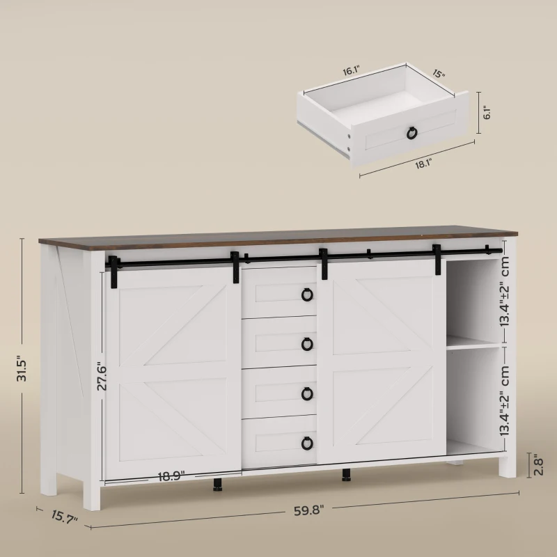 HOMCOM 60" Buffet Cabinet, Farmhouse Sideboard with Sliding Barn Doors, Drawers and Adjustable Shelves, Distressed Cream White
