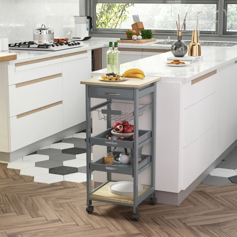 HOMCOM Mobile Kitchen Cart, Rolling Kitchen Island with Storage, Utility Cart with Wire Fruit Baskets, Trays and Drawer, Gray