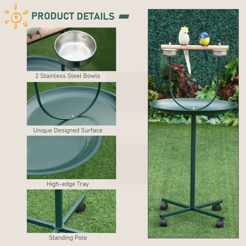 PawHut 48" Rolling T-Stand, Parrot Stand, Bird Training Activity Playground With Wheels and Perch,, Bird Play Perch, Green