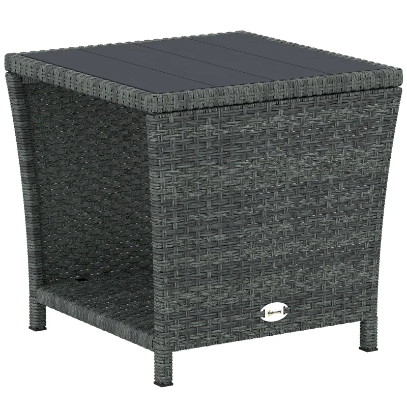 Outsunny 17.7" Wicker Side Table with Storage Shelf, Square PE Rattan Outdoor End Table with PS Wood Slat Top, Grey