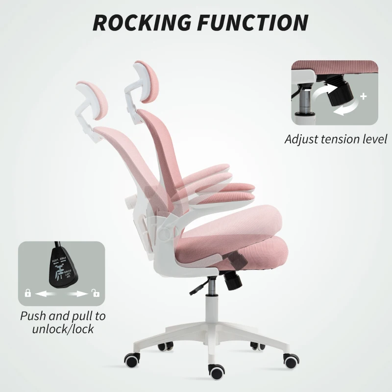 Vinsetto Office Chair, Mesh Computer Desk Chair with Adjustable Headrest, 4D Lumbar Support, Flip-up Arm, Pink