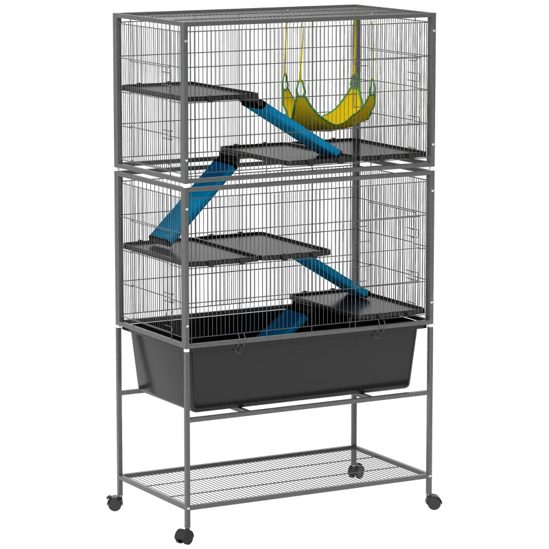 PawHut 59" 5-Level Small Animal Cage, Rolling Ferret Cage with 6.3" Deep Tray, Non-Slip Cloth Covered Ramps, Hammock, Dark Grey