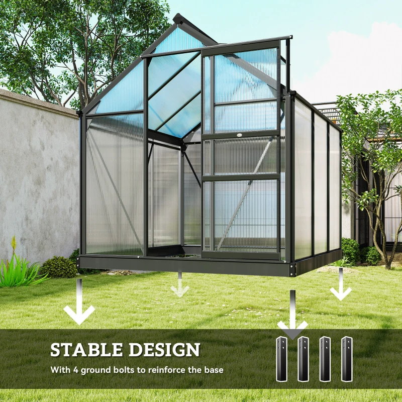 Outsunny Polycarbonate Greenhouse, Heavy Duty Outdoor Aluminum Walk-in Green House Kit Vent Door, 6.2'x6.2'x6.6' Gray