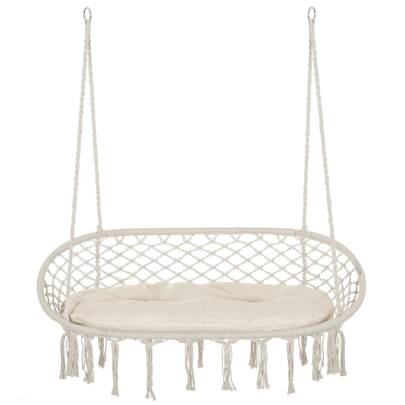Outsunny Patio Hammock Chair 2 Seat, Hanging Rope Hammock Swing Chair with Metal Frame and Cushion, Large Macrame Seat for Indoor and Outdoor 396 lbs Capacity, Cream White