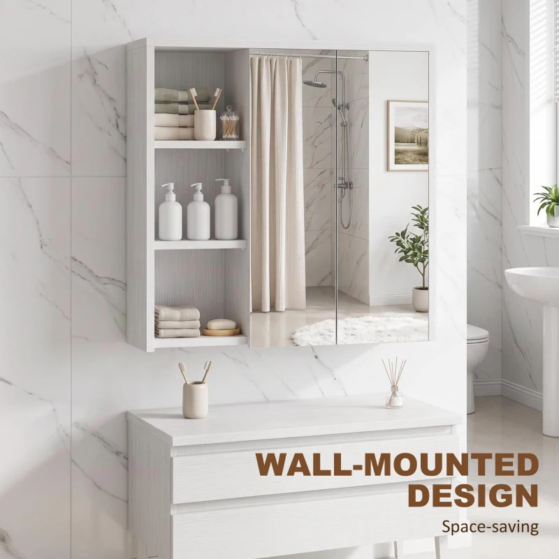 HOMCOM Bathroom Medicine Cabinet with Mirror, Wall Mount Mirror Cabinet with Open Shelves, White Wood Grain