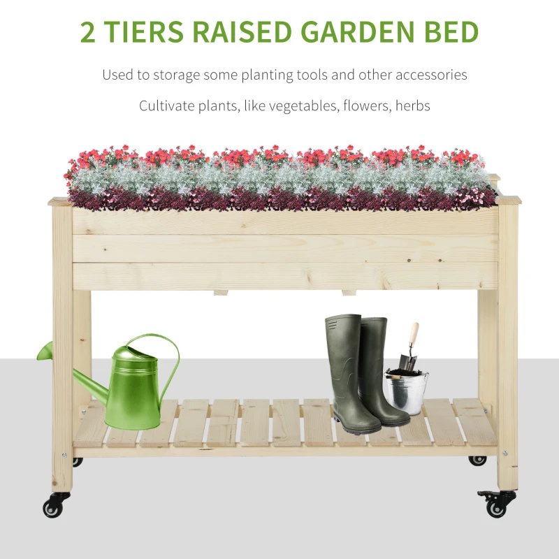 Outsunny Raised Garden Bed, 47" x 22" x 33", Elevated Wooden Planter Box w/ Lockable Wheels, Storage Shelf, and Bed Liner for Backyard, Patio, Natural