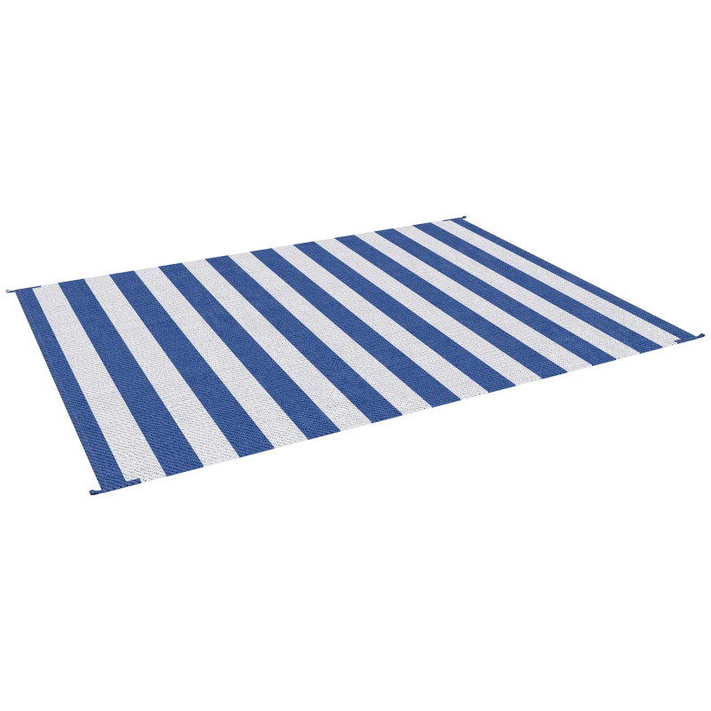 Outsunny Reversible Outdoor Rug Carpet, 9' x 12' Waterproof Plastic Straw Rug, Portable RV Camping Rugs with Carry Bag, Large Floor Mat for Backyard, Deck, Picnic, Beach, Blue & White Striped