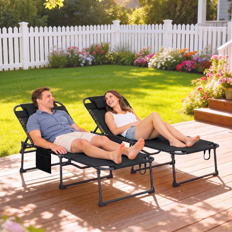 Outsunny 2 Piece Folding Chaise Lounge Pool Chairs with 5-level Reclining Back, Reading Hole, Side Pocket, Black