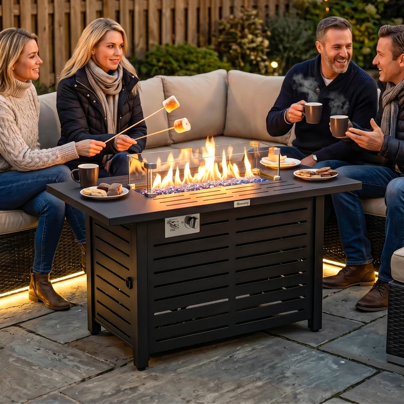 Outsunny Propane Gas Fire Pit Table, Outdoor Firepit with 43" Steel Tabletop and Lid, 50,000 BTU Pulse Ignition Fire Table w/ Stainless Steel Burner, Glass Wind Guard, and Cover