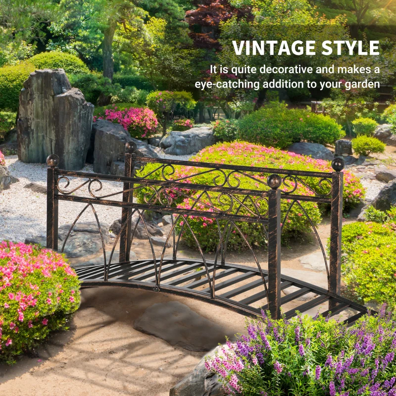 Outsunny 3.3' Metal Arch Zen Garden Bridge with Safety Siderails, Decorative Footbridge, Delicate Scrollwork & Corner Spheres for Stream, Fish Pond, Bronze