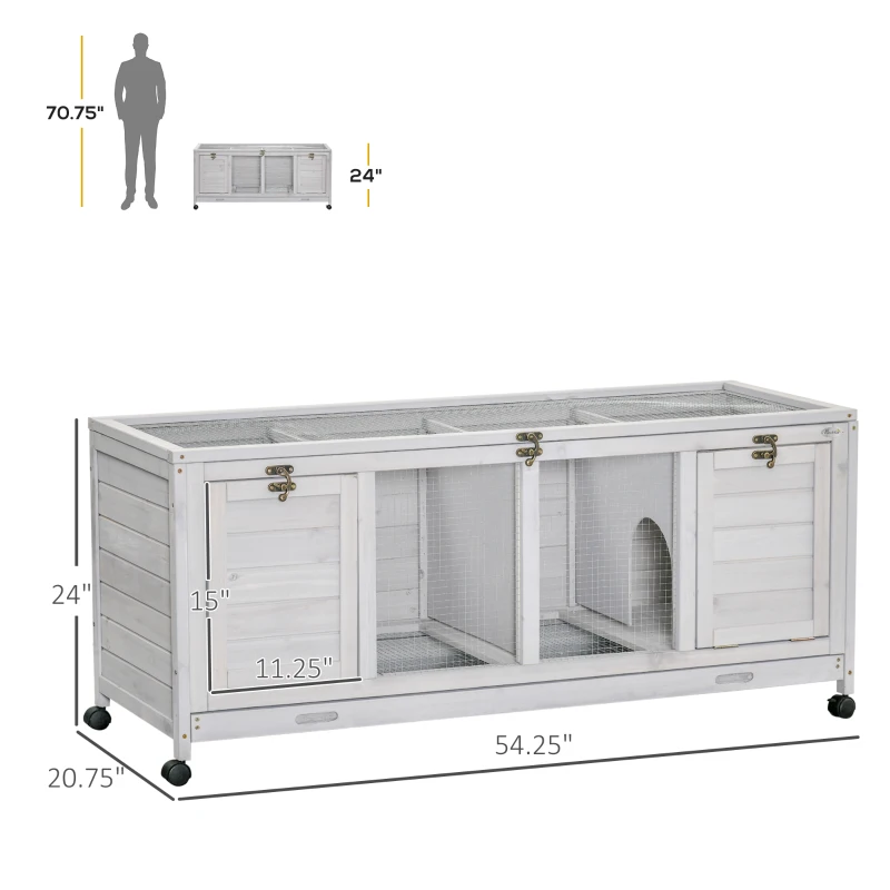 PawHut Wooden Rabbit Hutch with Wheels, Dividers for Indoor Use, Light Gray