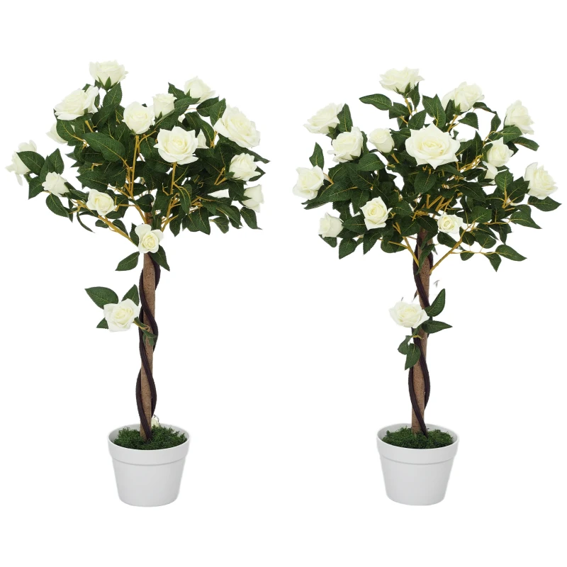 Outsunny 3FT Artificial Plant White Rose Floral Set of 2 in Pot, Fake Plant for Home Indoor Decor