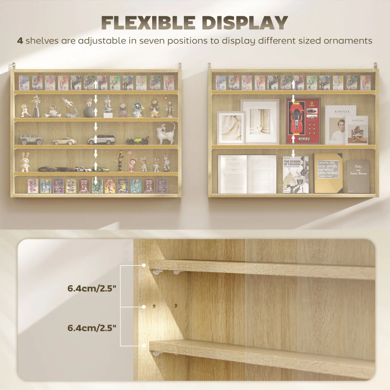 HOMCOM 5-storey Display Cabinet, Shot Glass Display Case, Glass Curio Cabinet with 2 Glass Doors and 4 Adjustable Shelves, Oak