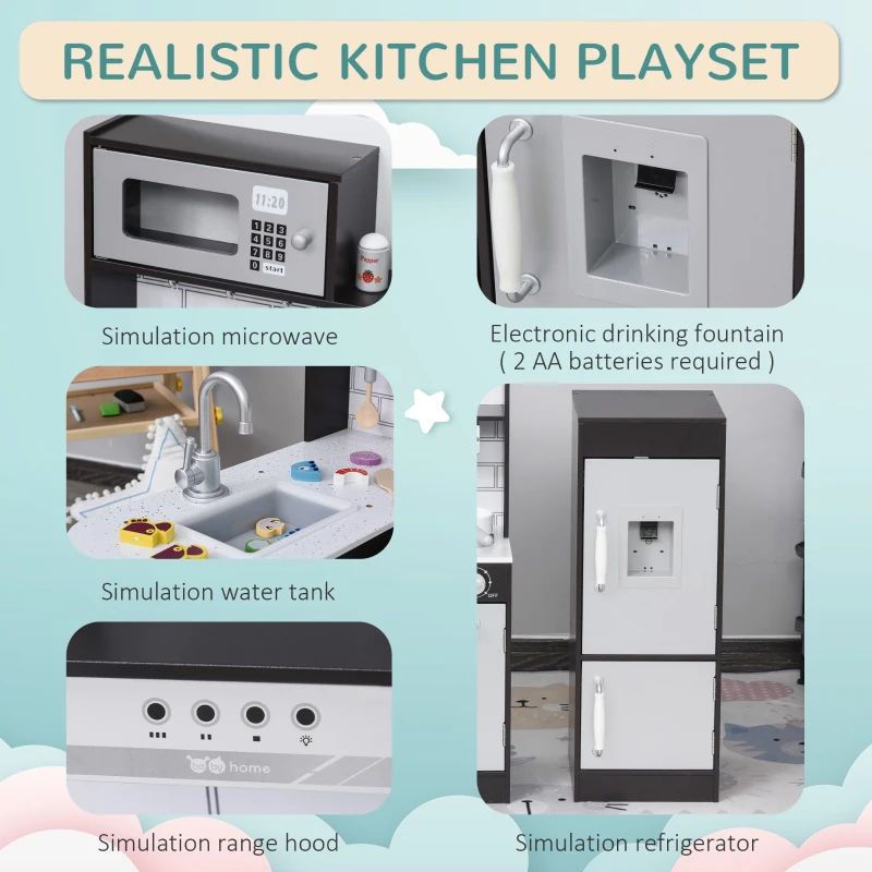 Qaba Corner Kids Kitchen Playset, Wooden Pretend Toy Kitchen Set with Drinking Fountain, Microwave, Fridge and Accessories, Pretend Play Kitchen for 3+ Years, Black