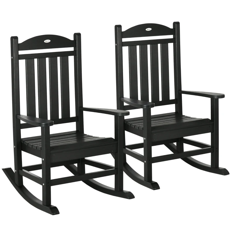 Outsunny 2PCs Outdoor Rocking Chair with Armrests, Fade-Resistant Waterproof HDPE for Indoor & Outdoor, Black