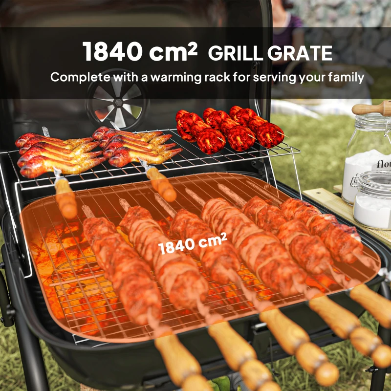 Outsunny Charcoal BBQ Grill, BBQ Grill with 1840 cm² Cooking Area, 3 Shelves, Adjustable Vent, Lockable Lid, Wheels, Black