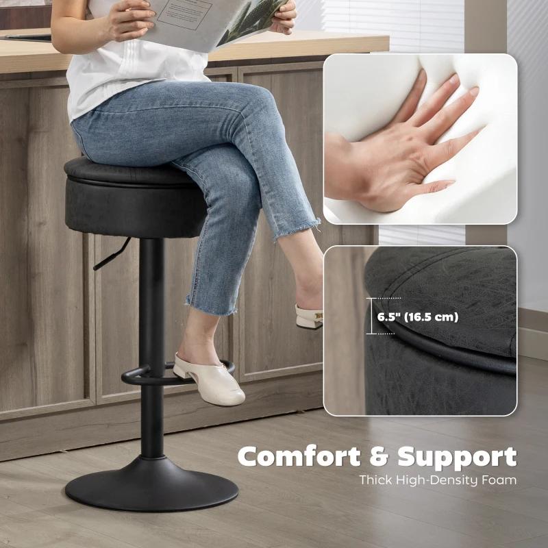 HOMCOM Set of 2 Barstools with Storage, Swivel Bar Stools with PU Leather Upholstered, Footrest, Steel Base, Black