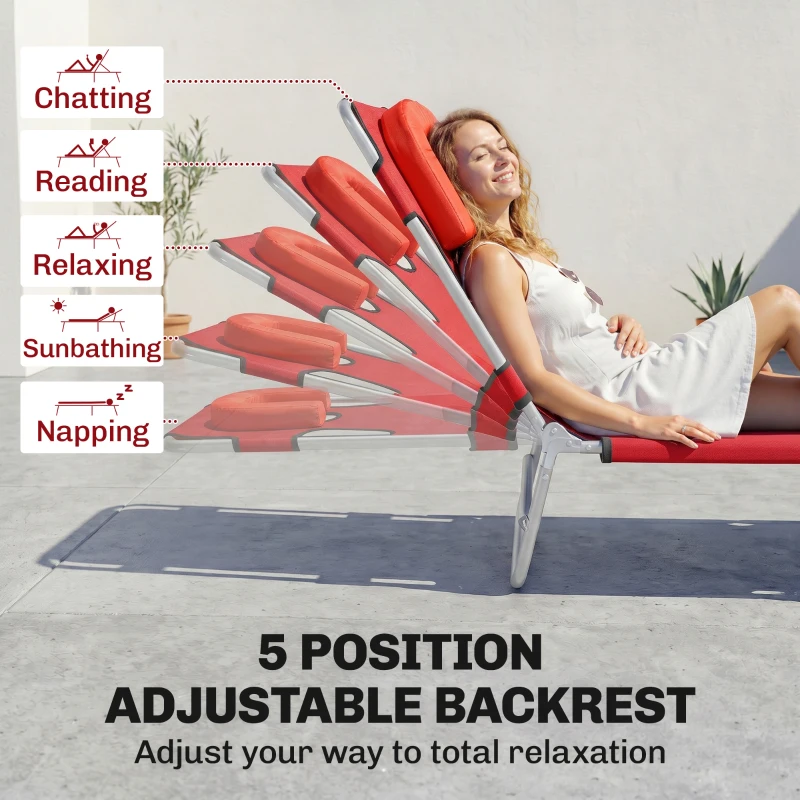 Outsunny Folding Lounge Chair Outdoor, Tanning Chair with Face Hole Arm Slots, Beach Chaise Lounger with Pillow, 5-Position Adjustable Portable Sun Lounger Bed for Pool, Red