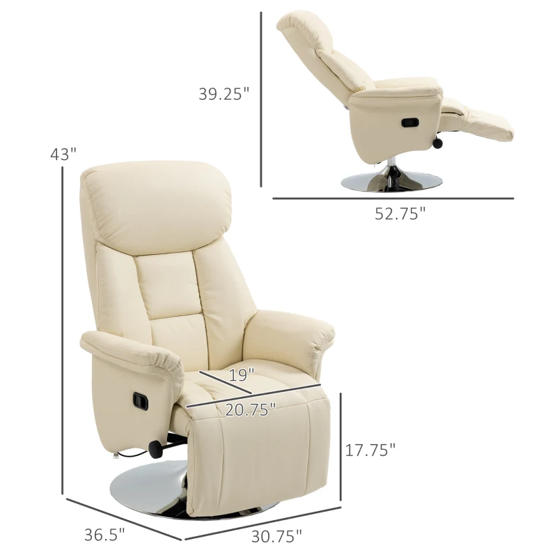 HOMCOM Swivel Recliner, Adjustable PU Leather Upholstered Recliner Chair with Footrest, Padded Arms and Steel Base, Cream White