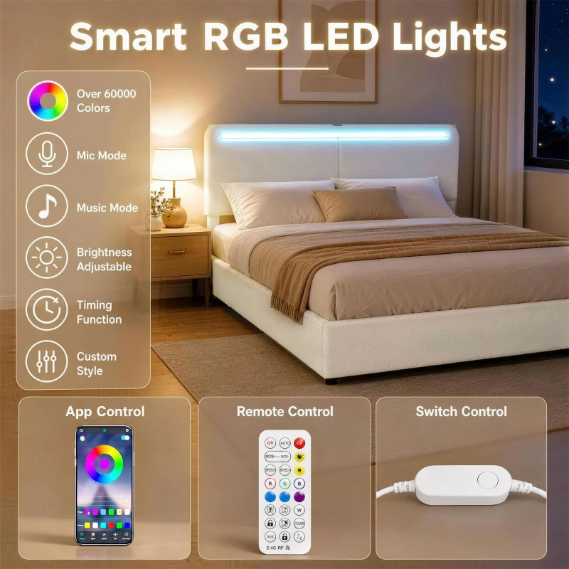 HOMCOM Queen Size Bed Frame with Charging Station, LED Lights, Adjustable Headboard, Upholstered Platform Bed Frame White
