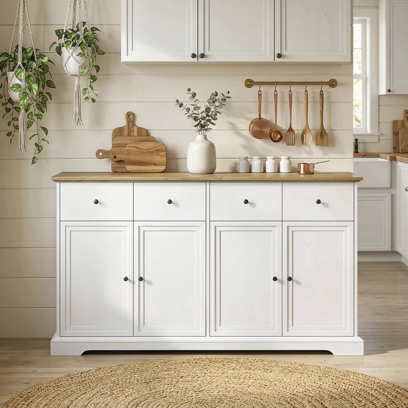 HOMCOM Sideboard Buffet Cabinet, 55" Farmhouse Kitchen Cabinet with Soft-Close Doors, 2 Drawers and 2 Adjustable Shelves