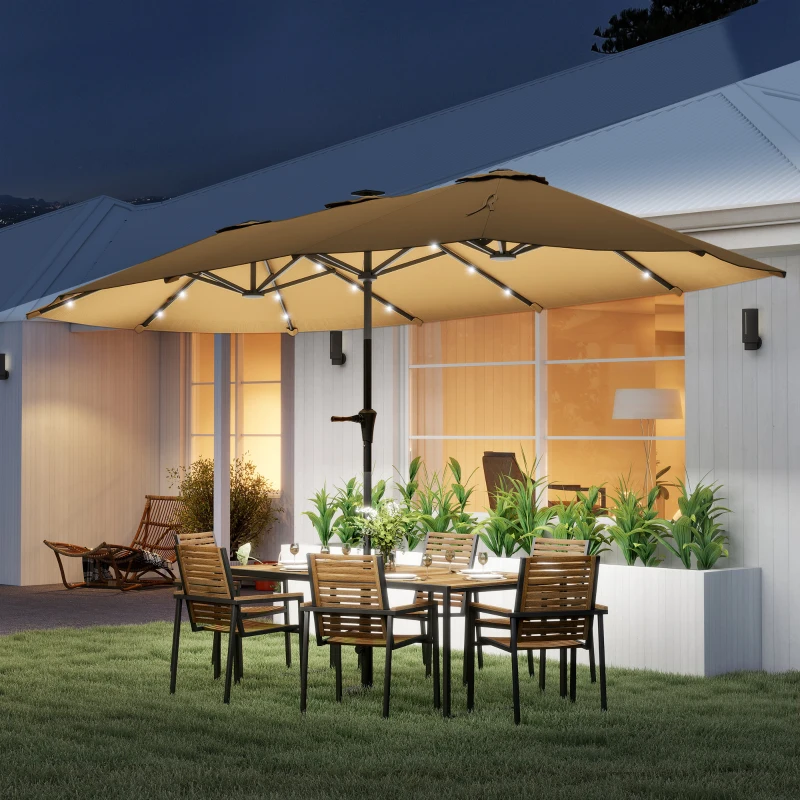 Outsunny 13ft Double-Sided Market Umbrella, Large Patio Umbrella with Solar Lights, Crank Handle for Garden, Pool, Yard, Khaki