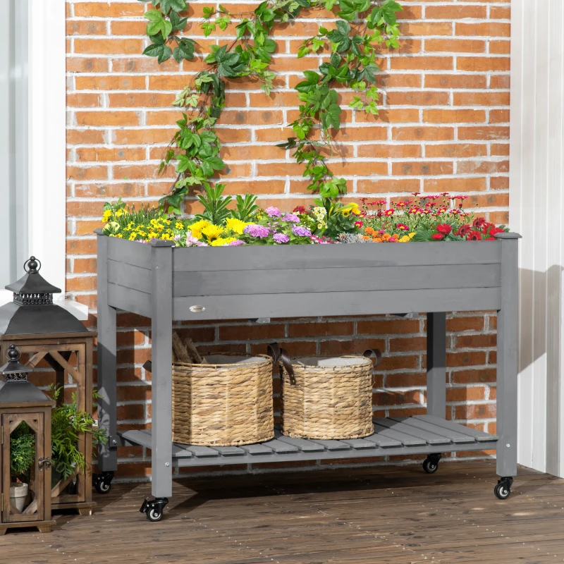 Outsunny 47" x 21" Raised Garden Bed Elevated Wooden Planter Box w/ Lockable Wheels, Storage Shelf for Backyard, Dark Gray