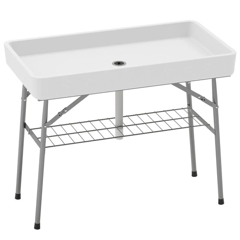 Outsunny 3.4ft Folding Ice Cooler Table with Drain, Fill and Chill Table Outdoor Table Cooler with Storage Shelf, Drink Cooler for Parties Picnic BBQ Camping Wedding, White