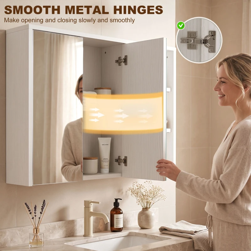 HOMCOM Bathroom Medicine Cabinet with Mirror, Wall Mount Mirror Cabinet with Open Shelves, White Wood Grain