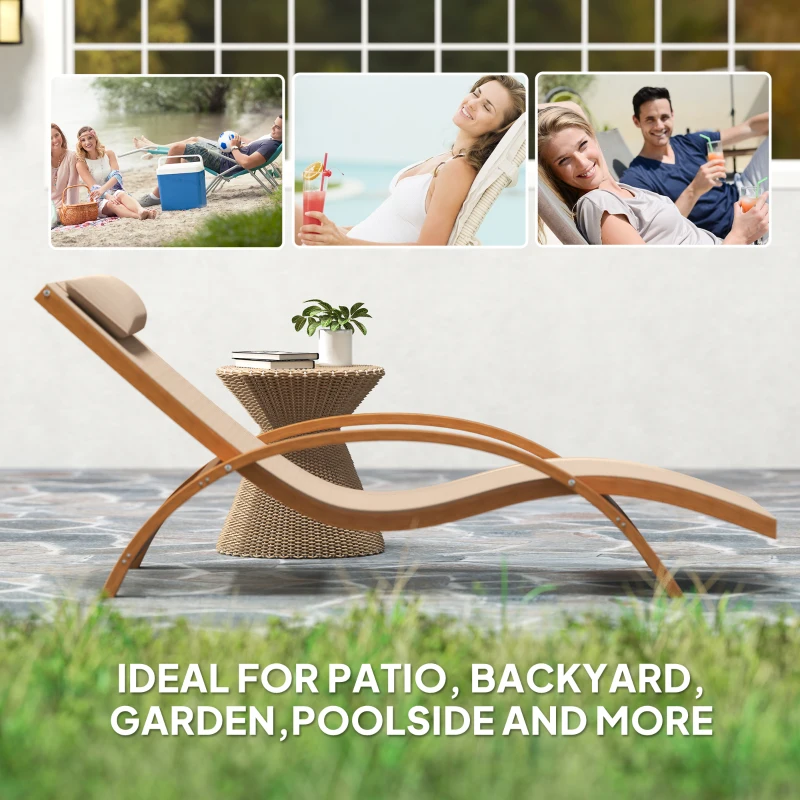 Outsunny Outdoor Wood Chaise Lounge Chair Recliner Patio Camping with Headrest, Teak & Light Khaki