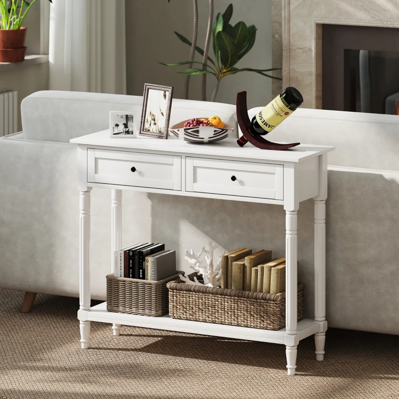 HOMCOM Hallway Console Table, Modern Entryway Table with 2 Drawers, Storage Shelf, Turned Legs for Living Room, Bedroom, White