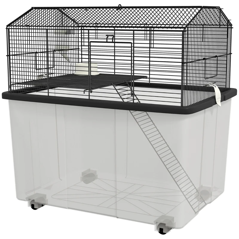 PawHut Hamster House Gerbil Habitat for Dwarf Hamster with Wheels, Detachable Bottom - Black