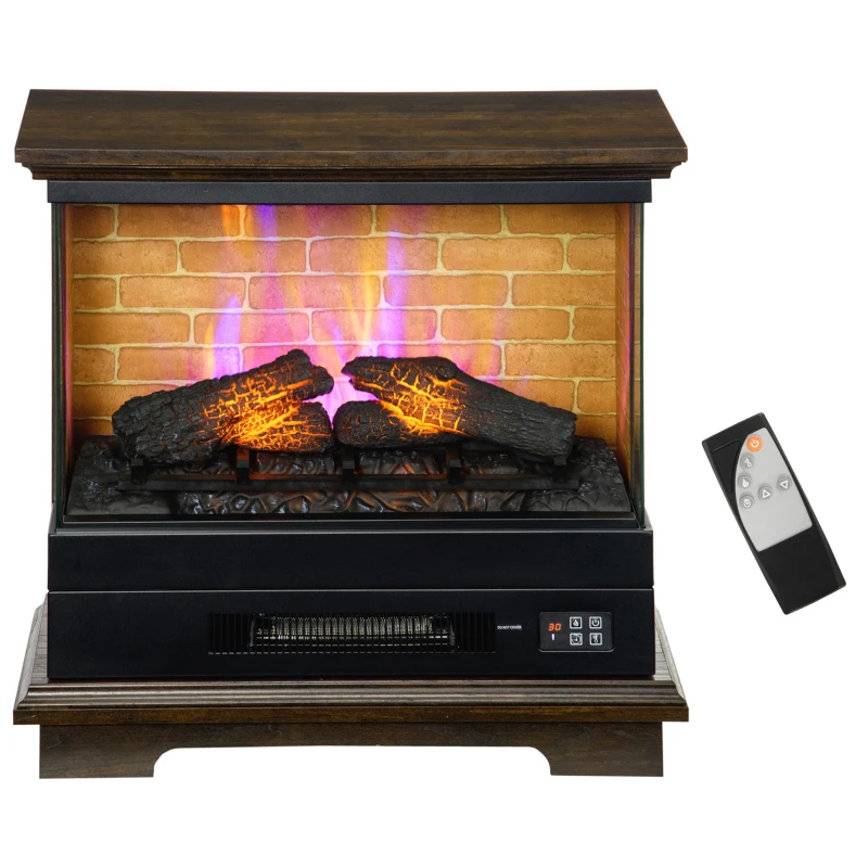 HOMCOM 26" Electric Fireplace Stove, 1400W Freestanding Fire Place Heater with Adjustable 3D Flame, Remote Control, Brown