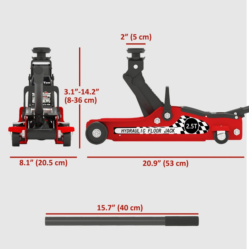 HOMCOM Low Profile Car Jack, Hydraulic Racing Floor Jack, 3.1"-14.1" Lifting Range, 2.5 Ton (5,000 lb) Capacity, Red