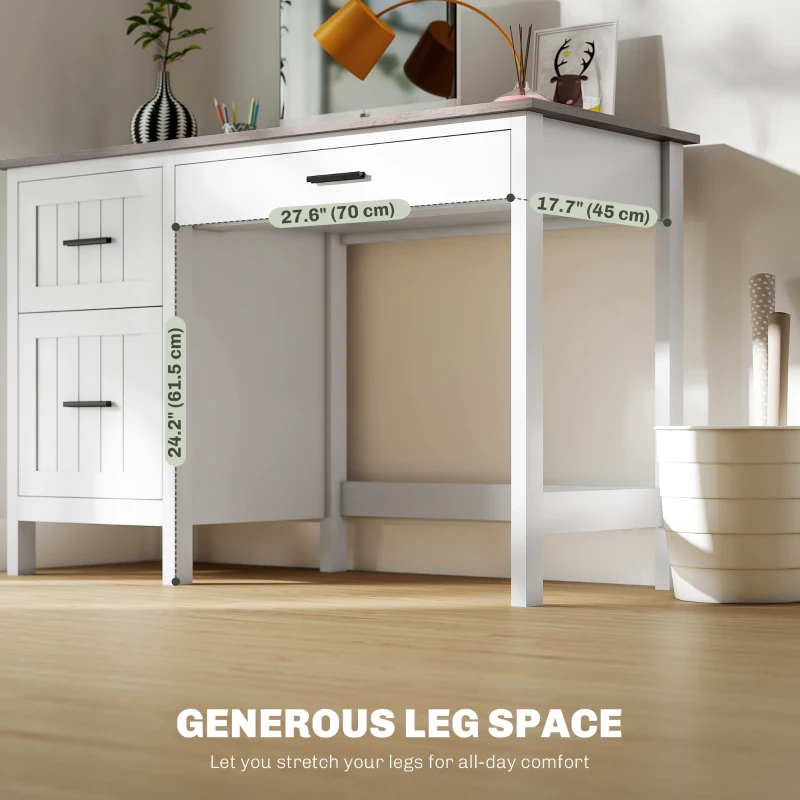 HOMCOM Computer Desk with 3 Drawers, Farmhouse Home Office Desk with File Drawer and Wood Grain Top for Small Spaces, White