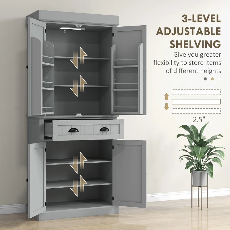 HOMCOM 71" Kitchen Pantry Cabinet with LED Lights, 6 Spice Racks, a Drawer and 4 Adjustable Shelves, Grey